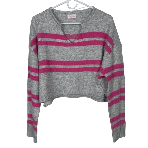 Pink Lily Gray & Hot Pink Striped Cropped Sweater, Size M - Picture 2 of 8